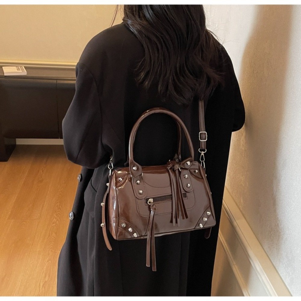 Top Handle Patent Bag - Fashion Rivets Pillow Bag Large Capacity