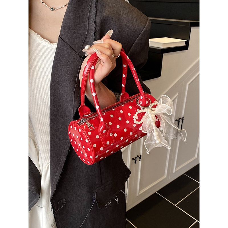 Top Handle Patent Bag - Women's Cute Polka Dot Handbag with