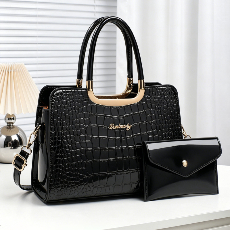 Top Handle Patent Bag - 2-piece women's matching bag set, crocodile