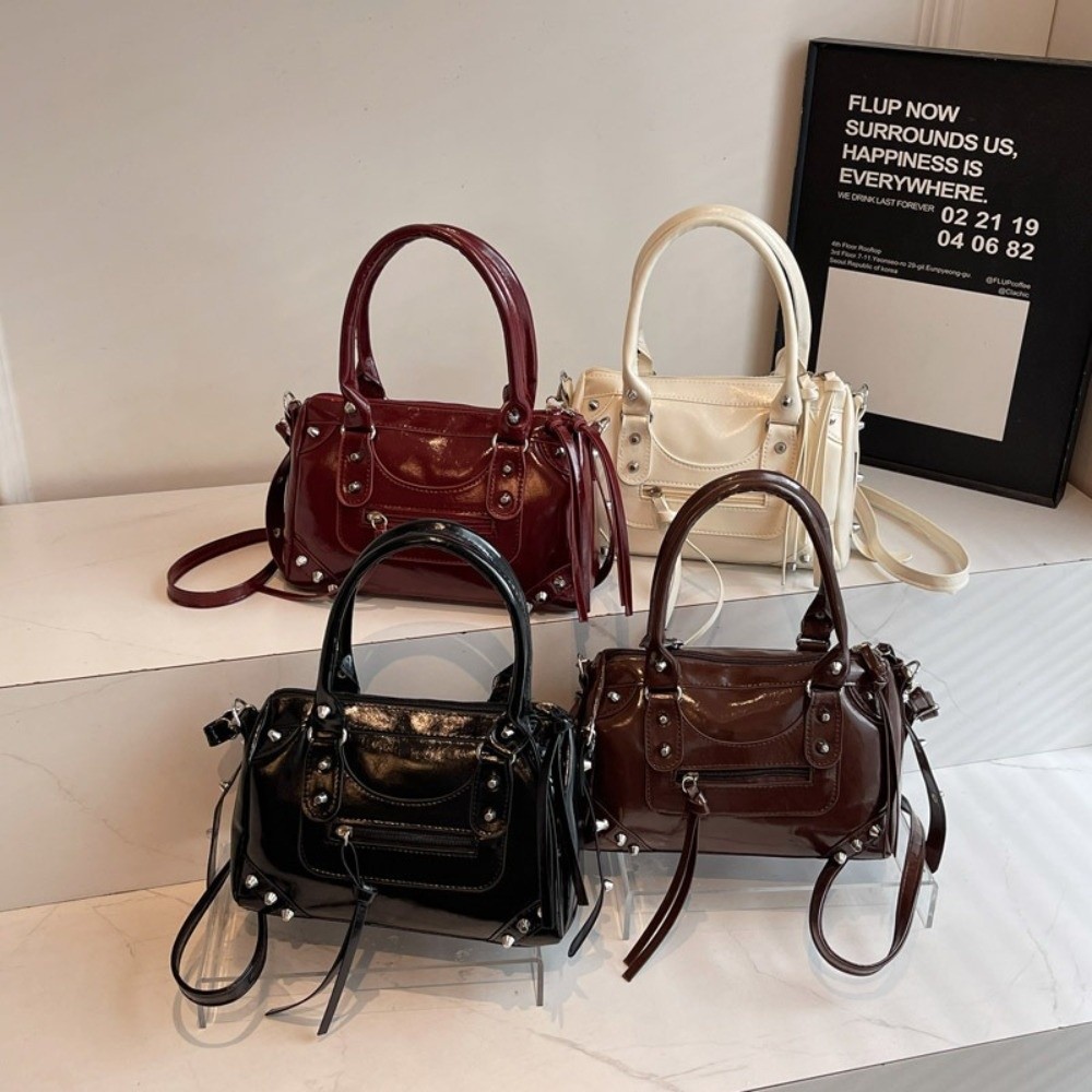 Top Handle Patent Bag - Fashion Rivets Pillow Bag Large Capacity