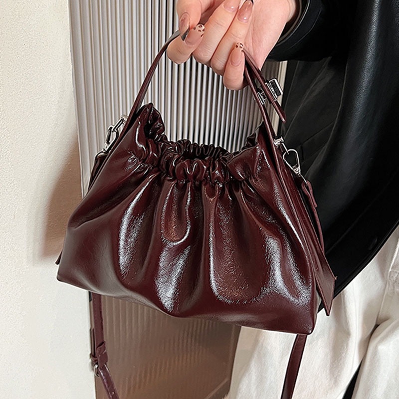 Women's Burgundy Ruched Cloud  - đánh giá và giá Top Handle Patent Bag